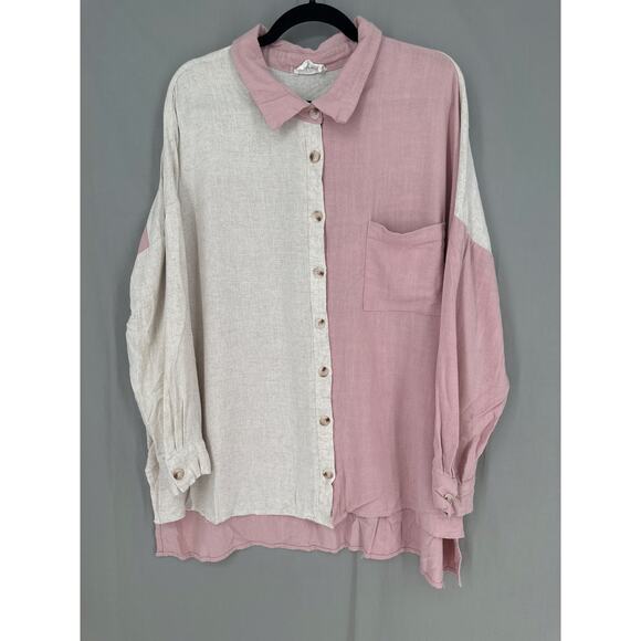 Andree By Unit Top Womens 1X Pink Beige Linen Button Long Sleeve Flowy Casual - Picture 5 of 7